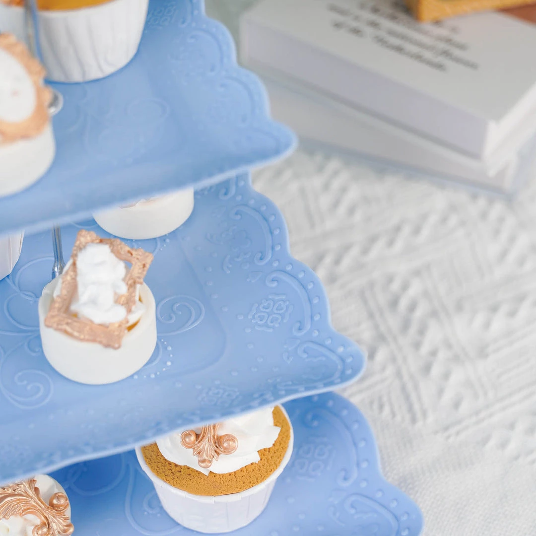 HIER_4120 13" 3-Tier Blue/Silver Floral Print Cupcake Stand, Dessert Tray, Plastic With Top Handle 8 HIER_4120 13" 3-Tier Blue/Silver Floral Print Cupcake Stand, Dessert Tray, Plastic With Top Handle