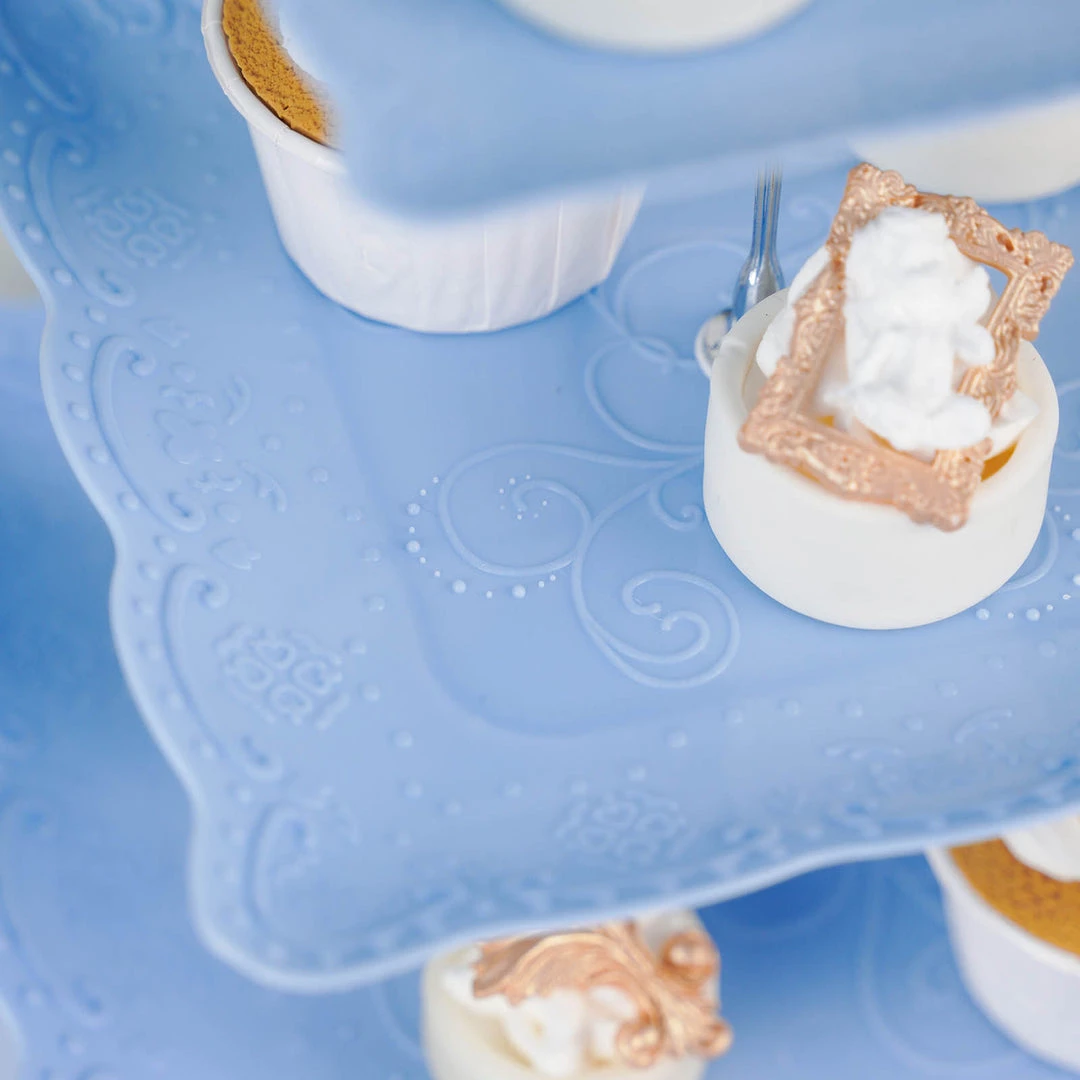 HIER_4120 13" 3-Tier Blue/Silver Floral Print Cupcake Stand, Dessert Tray, Plastic With Top Handle 10 HIER_4120 13" 3-Tier Blue/Silver Floral Print Cupcake Stand, Dessert Tray, Plastic With Top Handle