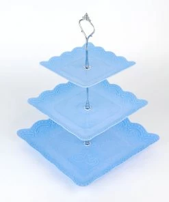 HIER_4120 13" 3-Tier Blue/Silver Floral Print Cupcake Stand, Dessert Tray, Plastic With Top Handle 23 HIER_4120 13