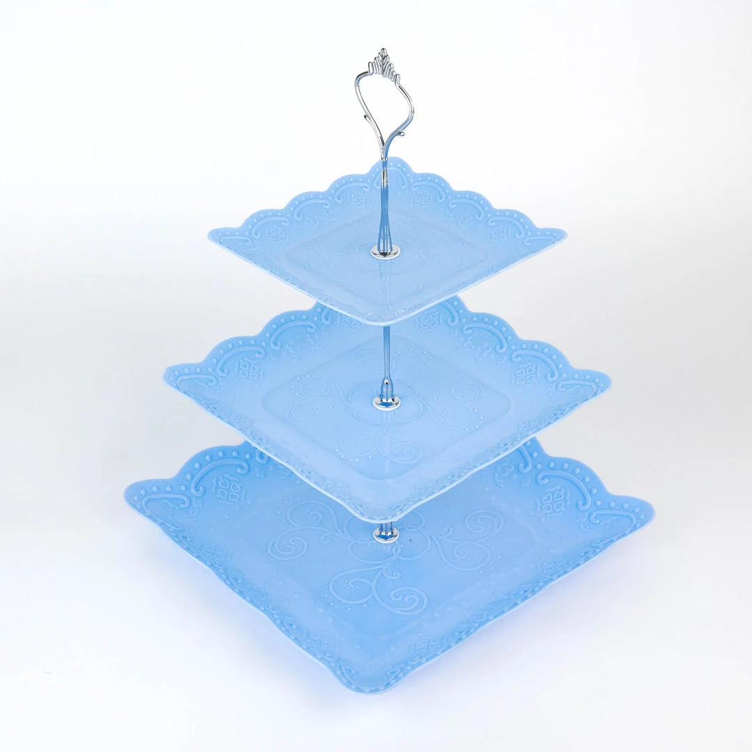 HIER_4120 13" 3-Tier Blue/Silver Floral Print Cupcake Stand, Dessert Tray, Plastic With Top Handle 11 HIER_4120 13" 3-Tier Blue/Silver Floral Print Cupcake Stand, Dessert Tray, Plastic With Top Handle