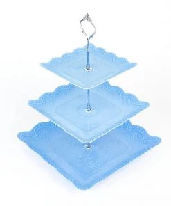 HIER_4120 13" 3-Tier Blue/Silver Floral Print Cupcake Stand, Dessert Tray, Plastic With Top Handle 25 HIER_4120 13