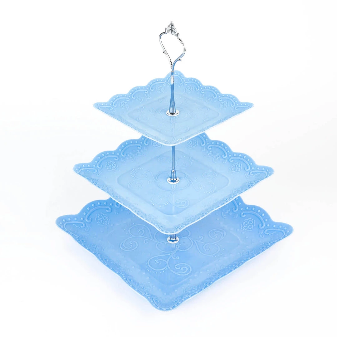 HIER_4120 13" 3-Tier Blue/Silver Floral Print Cupcake Stand, Dessert Tray, Plastic With Top Handle 13 HIER_4120 13" 3-Tier Blue/Silver Floral Print Cupcake Stand, Dessert Tray, Plastic With Top Handle