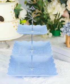 HIER_4120 13" 3-Tier Blue/Silver Floral Print Cupcake Stand, Dessert Tray, Plastic With Top Handle 18 HIER_4120 13