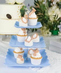 HIER_4120 13" 3-Tier Blue/Silver Floral Print Cupcake Stand, Dessert Tray, Plastic With Top Handle
