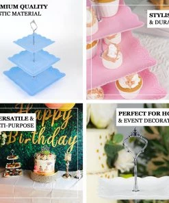 HIER_4120 13" 3-Tier Blue/Silver Floral Print Cupcake Stand, Dessert Tray, Plastic With Top Handle 16 HIER_4120 13