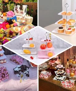 HIER_4120 13" 3-Tier Blue/Silver Floral Print Cupcake Stand, Dessert Tray, Plastic With Top Handle 17 HIER_4120 13