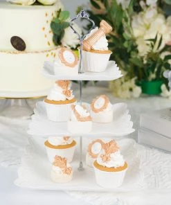 HIER_4120 13" 3-Tier White/Silver Floral Print Cupcake Stand, Dessert Tray, Plastic With Top Handle