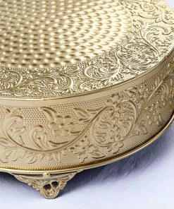 HIER_4110 14" Round Gold Embossed Cake Stand Riser, Matte Metal Cake Pedestal