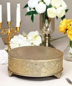 HIER_4110 14" Round Gold Embossed Cake Stand Riser, Matte Metal Cake Pedestal