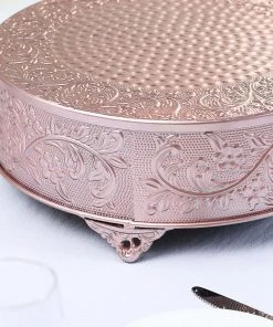 HIER_4110 14" Round Rose Gold Embossed Cake Stand Riser Matte Metal Cake Pedestal