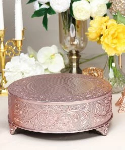 HIER_4110 14" Round Rose Gold Embossed Cake Stand Riser Matte Metal Cake Pedestal