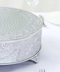 HIER_4110 Chargers & Centerpieces 14" Round Silver Embossed Cake Stand Riser, Matte Metal Cake Pedestal