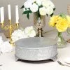 HIER_4110 Chargers & Centerpieces 14" Round Silver Embossed Cake Stand Riser, Matte Metal Cake Pedestal