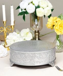 HIER_4110 Chargers & Centerpieces 14" Round Silver Embossed Cake Stand Riser, Matte Metal Cake Pedestal