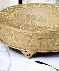 HIER_4110 18" Round Gold Embossed Cake Stand Riser, Matte Metal Cake Pedestal Chargers & Centerpieces