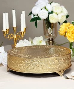 HIER_4110 18" Round Gold Embossed Cake Stand Riser, Matte Metal Cake Pedestal Chargers & Centerpieces