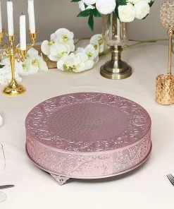 HIER_4110 18" Round Rose Gold Embossed Cake Stand Riser Matte Metal Cake Pedestal Chargers & Centerpieces