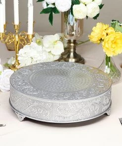 HIER_4110 Chargers & Centerpieces 18" Silver Embossed Cake Stand Riser, Matte Metal Cake Pedestal