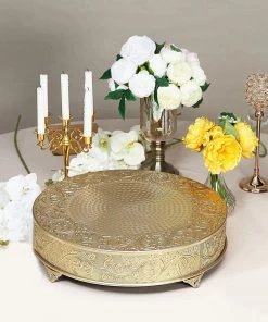 HIER_4110 Chargers & Centerpieces 22" Round Gold Embossed Cake Stand Riser, Matte Metal Cake Pedestal