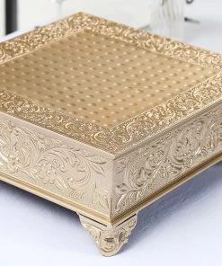 HIER_4110 Chargers & Centerpieces 14" Square Gold Embossed Cake Pedestal, Metal Cake Stand Cake Riser