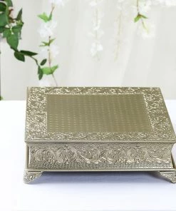 HIER_4110 Chargers & Centerpieces 18" Square Gold Embossed Cake Pedestal, Metal Cake Stand Cake Riser