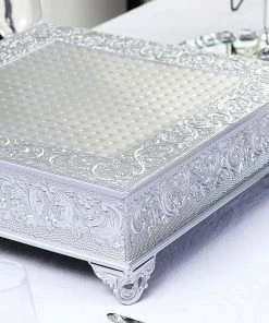 HIER_4110 18" Square Silver Embossed Cake Pedestal, Metal Cake Stand Cake Riser