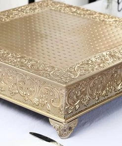 HIER_4110 22" Square Gold Embossed Cake Pedestal, Metal Cake Stand Cake Riser Chargers & Centerpieces