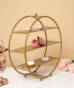 HIER_4110 21" Matte Gold Metal 3-Tier Cupcake Stand, Round Dessert Holder, Appetizer Display