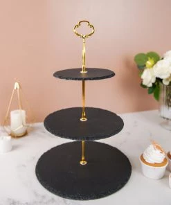 HIER_4130 Chargers & Centerpieces 15" Round 3-Tier Black Stone Plate Cupcake Stand, Dessert Holder Display