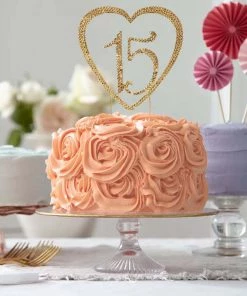 HIER_4200 Chargers & Centerpieces 8" Gold Rhinestone Monogram Number 15 Quinceanera Heart Cake Topper