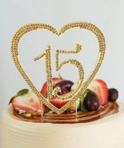 HIER_4200 Chargers & Centerpieces 8" Gold Rhinestone Monogram Number 15 Quinceanera Heart Cake Topper