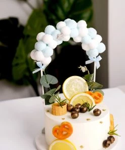 HIER_4200 Chargers & Centerpieces 6"x11" Blue/White Cotton Ball Arch Cake Topper, Cake Decoration Supplies