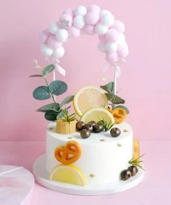 HIER_4200 Chargers & Centerpieces 6"x11" Pink/White Cotton Ball Arch Cake Topper, Cake Decoration Supplies
