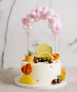 HIER_4200 Chargers & Centerpieces 6"x11" Pink/White Cotton Ball Arch Cake Topper, Cake Decoration Supplies