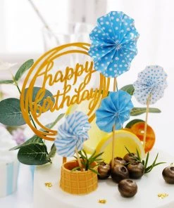 HIER_4200 6 Pcs | Blue/Gold Happy Birthday Cake Topper, 4 Mini Paper Fans & Gold Confetti Balloon Decor