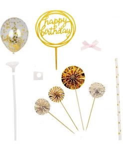 HIER_4200 Chargers & Centerpieces 6 Pcs | Gold/White Happy Birthday Cake Topper, 4 Mini Paper Fans & Gold Confetti Balloon Decor 25 HIER_4200 Chargers & Centerpieces 6 Pcs | Gold/White Happy Birthday Cake Topper, 4 Mini Paper Fans & Gold Confetti Balloon Decor