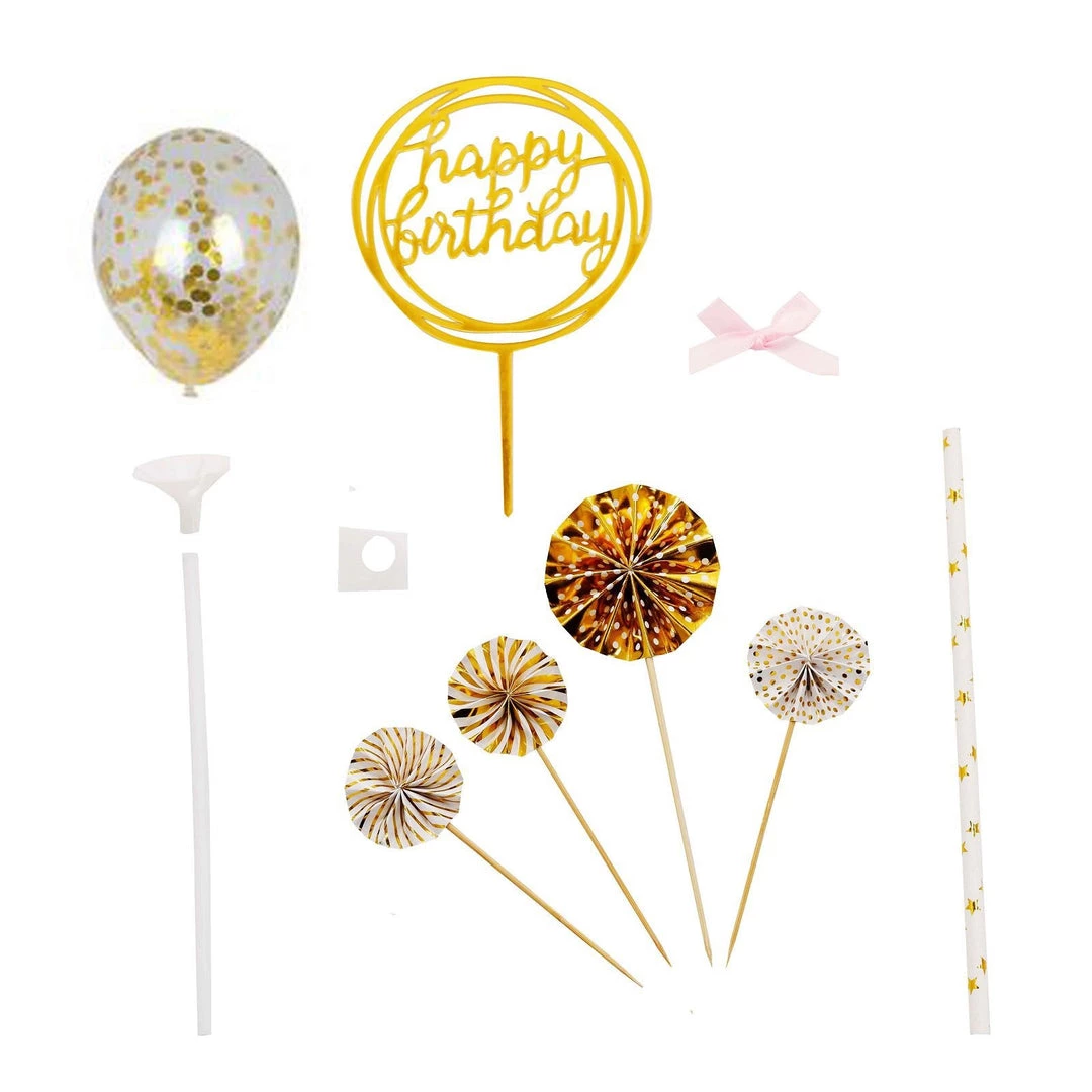 HIER_4200 Chargers & Centerpieces 6 Pcs | Gold/White Happy Birthday Cake Topper, 4 Mini Paper Fans & Gold Confetti Balloon Decor 13 HIER_4200 Chargers & Centerpieces 6 Pcs | Gold/White Happy Birthday Cake Topper, 4 Mini Paper Fans & Gold Confetti Balloon Decor
