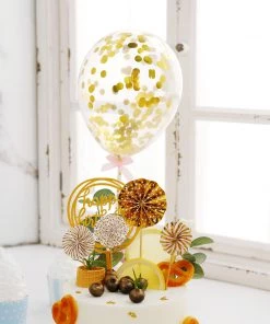 HIER_4200 Chargers & Centerpieces 6 Pcs | Gold/White Happy Birthday Cake Topper, 4 Mini Paper Fans & Gold Confetti Balloon Decor