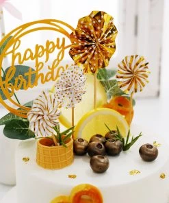 HIER_4200 Chargers & Centerpieces 6 Pcs | Gold/White Happy Birthday Cake Topper, 4 Mini Paper Fans & Gold Confetti Balloon Decor