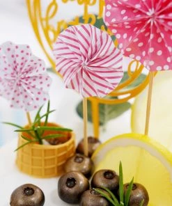 HIER_4200 6 Pcs | Pink/Gold Happy Birthday Cake Topper, 4 Mini Paper Fans & Gold Confetti Balloon Decor Chargers & Centerpieces