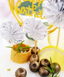 HIER_4200 6 Pcs | Silver/Gold Happy Birthday Cake Topper, 4 Mini Paper Fans & Gold Confetti Balloon Decor