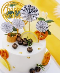 HIER_4200 6 Pcs | Silver/Gold Happy Birthday Cake Topper, 4 Mini Paper Fans & Gold Confetti Balloon Decor