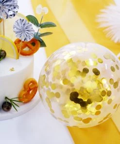 HIER_4200 6 Pcs | Silver/Gold Happy Birthday Cake Topper, 4 Mini Paper Fans & Gold Confetti Balloon Decor