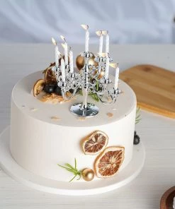 HIER_4200 5" Tall 9-Arm Metallic Silver Candelabra Cake Topper, 9 Candle Holders With Birthday Candles