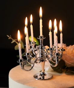 HIER_4200 5" Tall 9-Arm Metallic Silver Candelabra Cake Topper, 9 Candle Holders With Birthday Candles