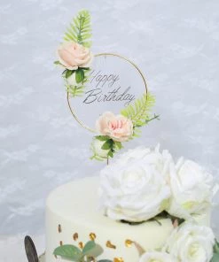 HIER_4200 3 Pcs | Gold Acrylic Happy Birthday Cake Topper & Silk Flower Clusters, Cake Decorations Chargers & Centerpieces