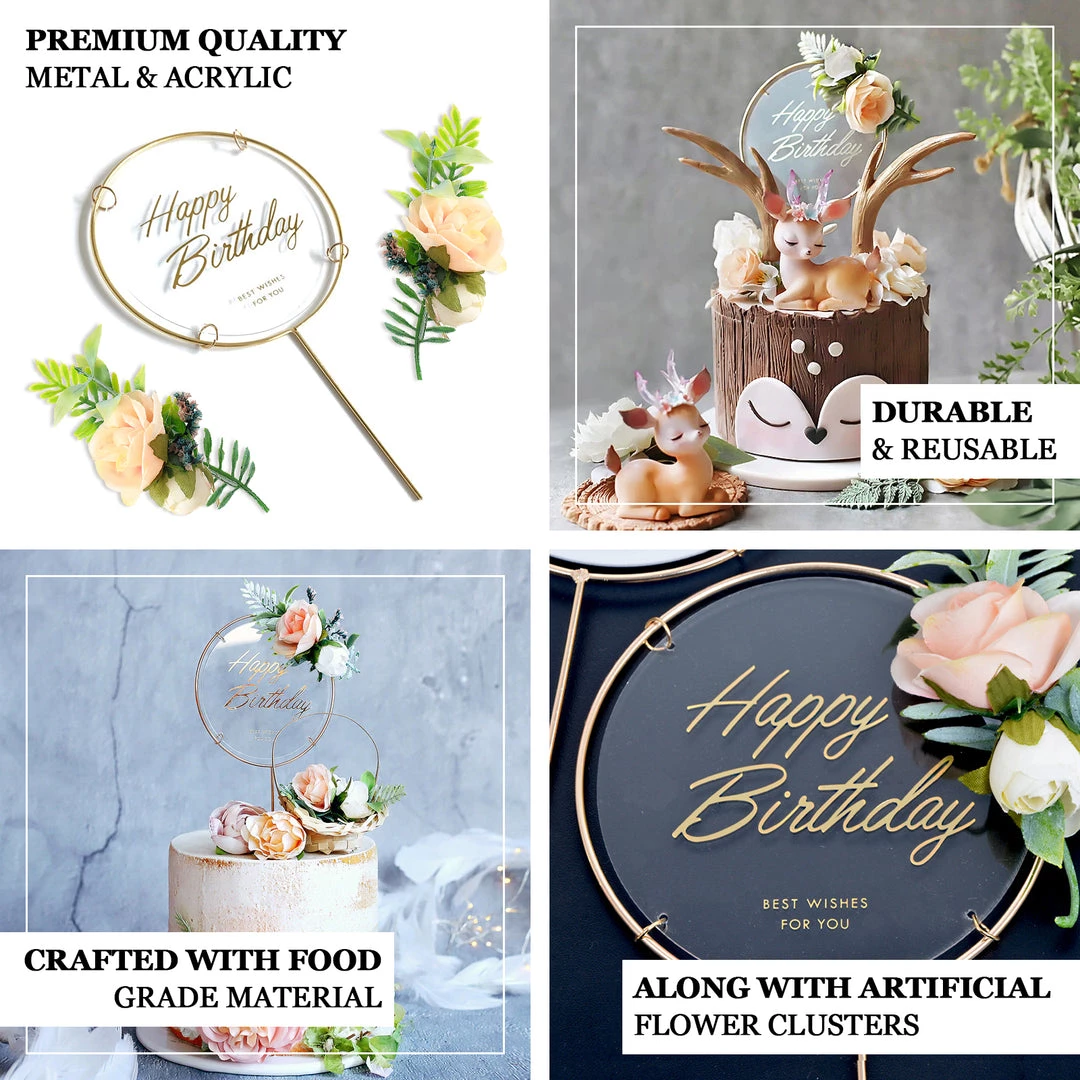 HIER_4200 3 Pcs | Gold Acrylic Happy Birthday Cake Topper & Silk Flower Clusters, Cake Decorations Chargers & Centerpieces 4 HIER_4200 3 Pcs | Gold Acrylic Happy Birthday Cake Topper & Silk Flower Clusters, Cake Decorations Chargers & Centerpieces