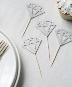 HIER_4200 Chargers & Centerpieces 24 Pack | Silver Diamond Ring Cupcake Toppers, Party Cake Picks, Engagement Decoration Supplies