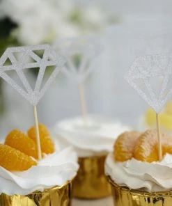 HIER_4200 Chargers & Centerpieces 24 Pack | Silver Diamond Ring Cupcake Toppers, Party Cake Picks, Engagement Decoration Supplies