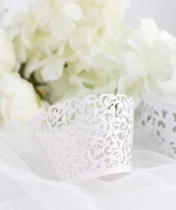 HIER_4100 25 Pack | White Lace Laser Cut Paper Cupcake Wrappers, Muffin Baking Cup Trays Chargers & Centerpieces